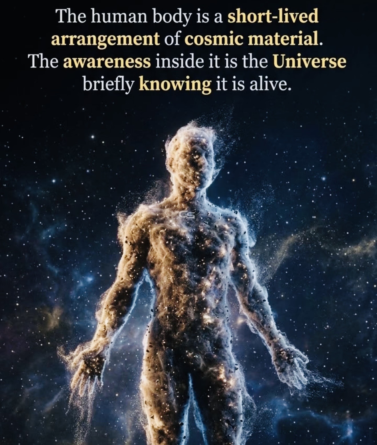 A luminous human figure made of stardust beneath the words: The human body is a short-lived arrangement of cosmic material. The awareness inside it is the Universe briefly knowing it is alive.