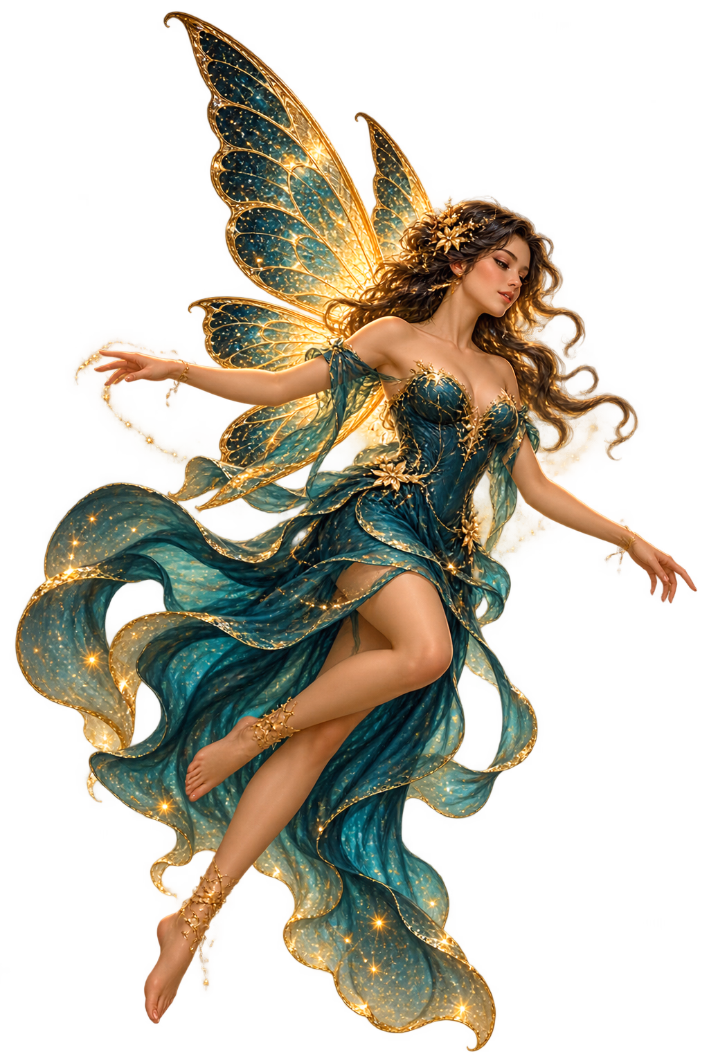 A small fairy with glowing golden wings and a teal dress