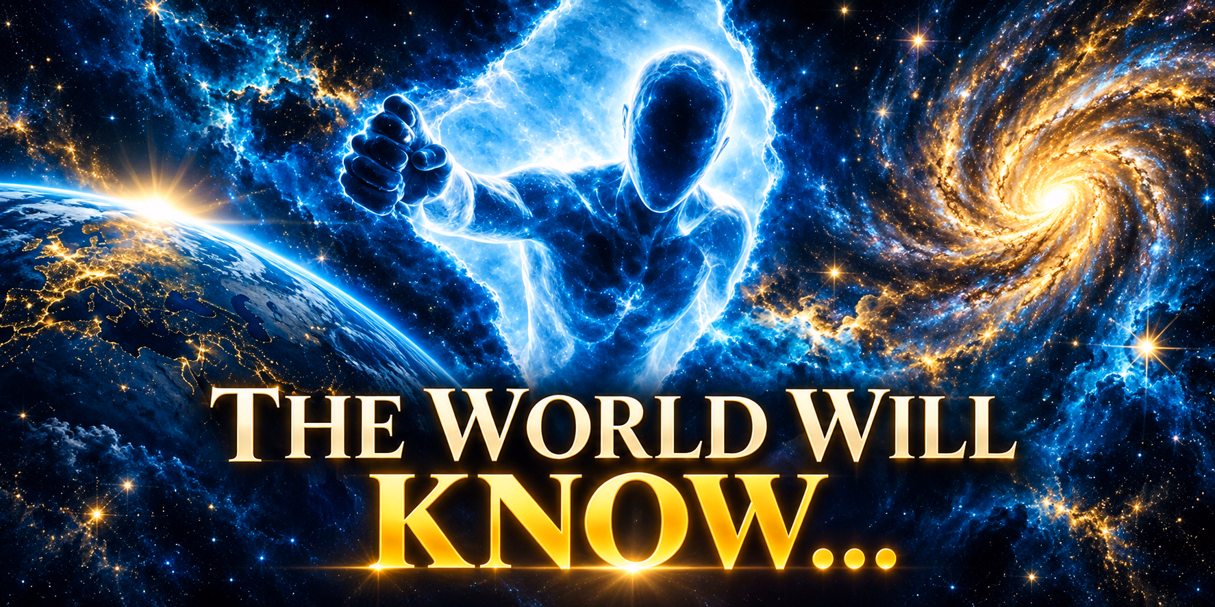 A faceless blue figure of light reaches forward between a luminous Earth and a golden spiral galaxy, above the words THE WORLD WILL KNOW…