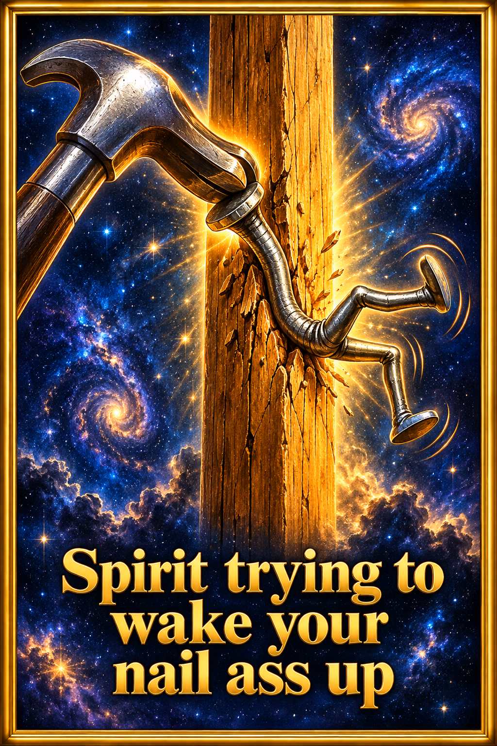 Cosmic comic of a claw hammer lifting a playful bent nail beside a wooden plank. Spirit trying to wake your nail ass up.