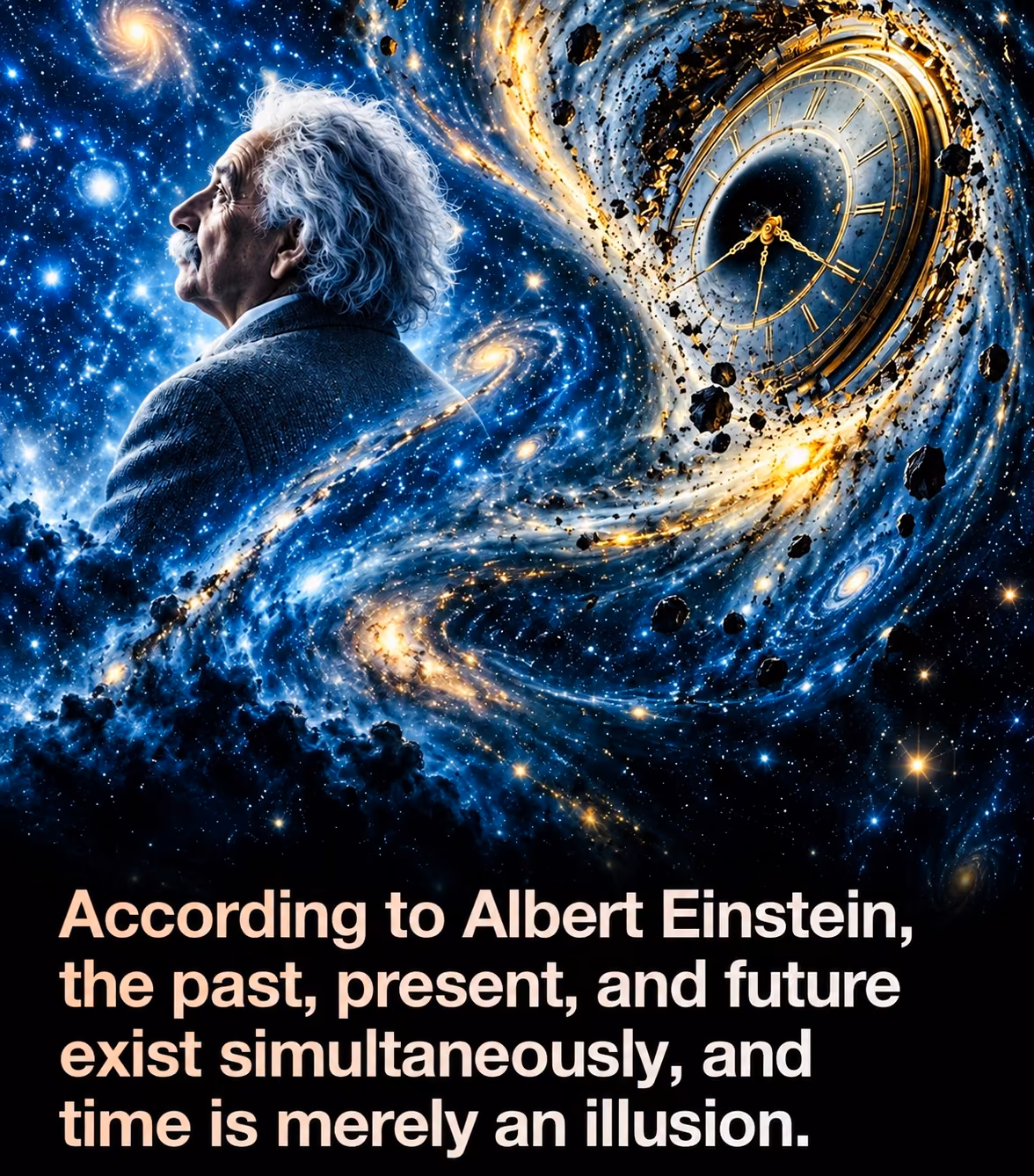 Albert Einstein in profile among blue galaxies beside a golden clock. The complete original message about past, present, future and time is preserved below.