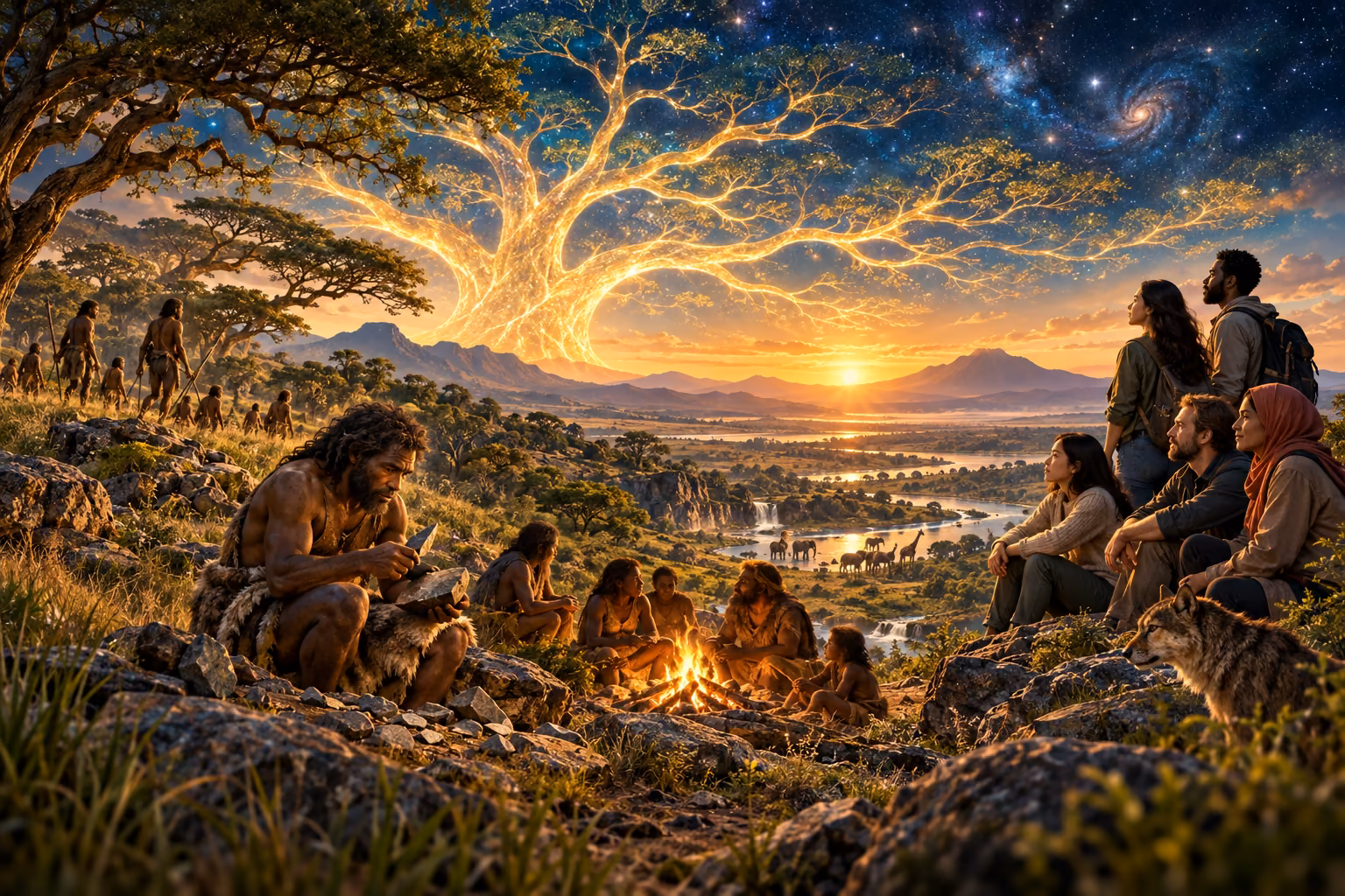 An artistic montage of early hominins, stone-tool making, a group around a fire and diverse modern humans beneath a luminous branching tree. The scenes evoke different periods of the human story.