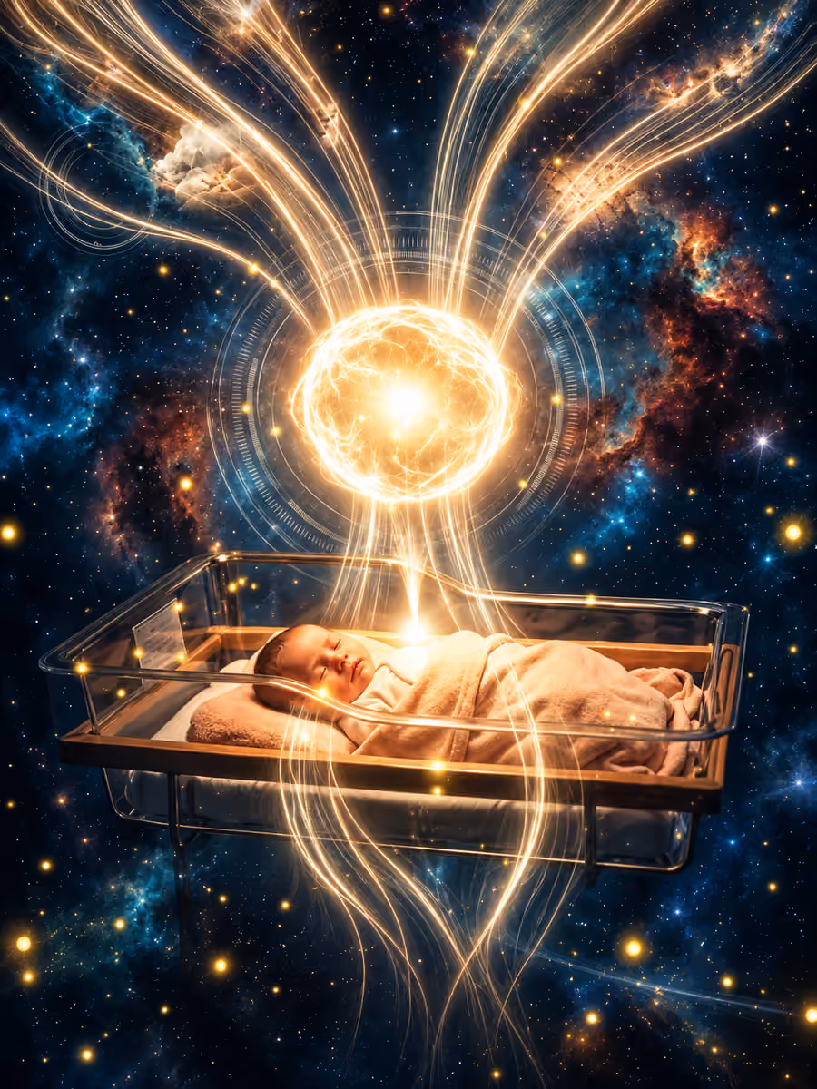 A sleeping newborn in a cot beneath a golden sphere and branching streams of symbolic light.
