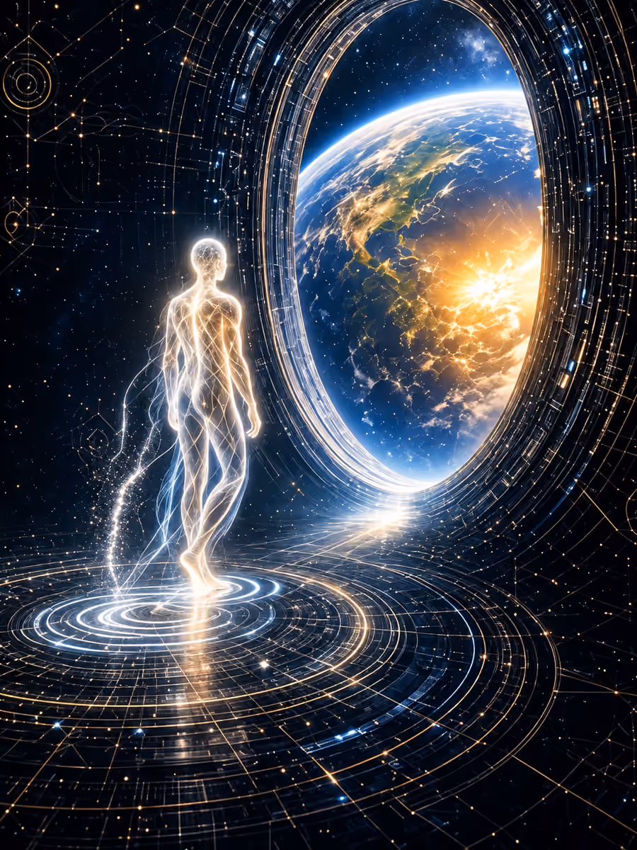 A luminous figure stands on a circle of light before an oval portal framing Earth.