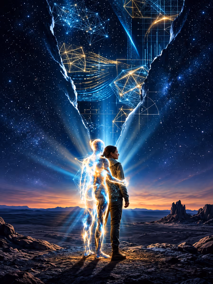 A human figure and luminous silhouette stand together beneath a branching blue and gold cosmic sky.