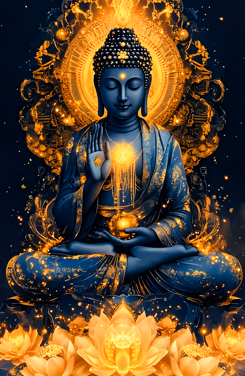 A dark blue seated Buddha with a raised hand, luminous golden halo and glowing lotus flowers.