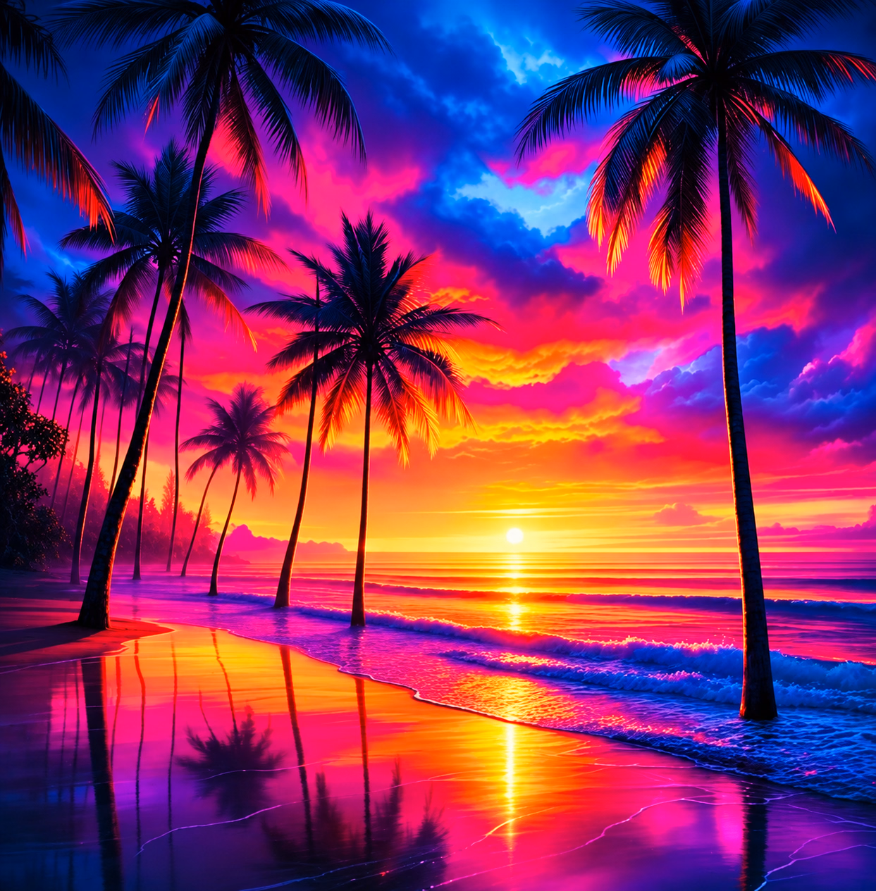 Palm silhouettes reflected across a tropical beach beneath a vivid blue, magenta and golden sunset.