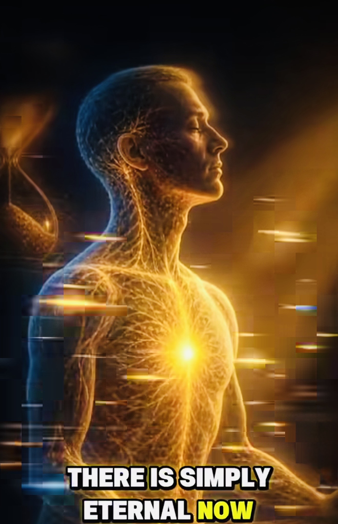 A luminous gold and blue figure in profile, with the words There is simply eternal now.