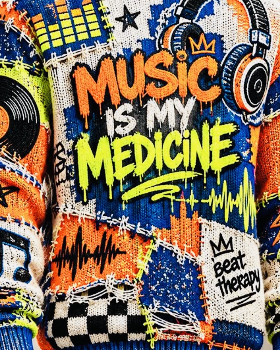Colourful music artwork with headphones, records and sound waves surrounding the words Music is my medicine and Beat therapy.