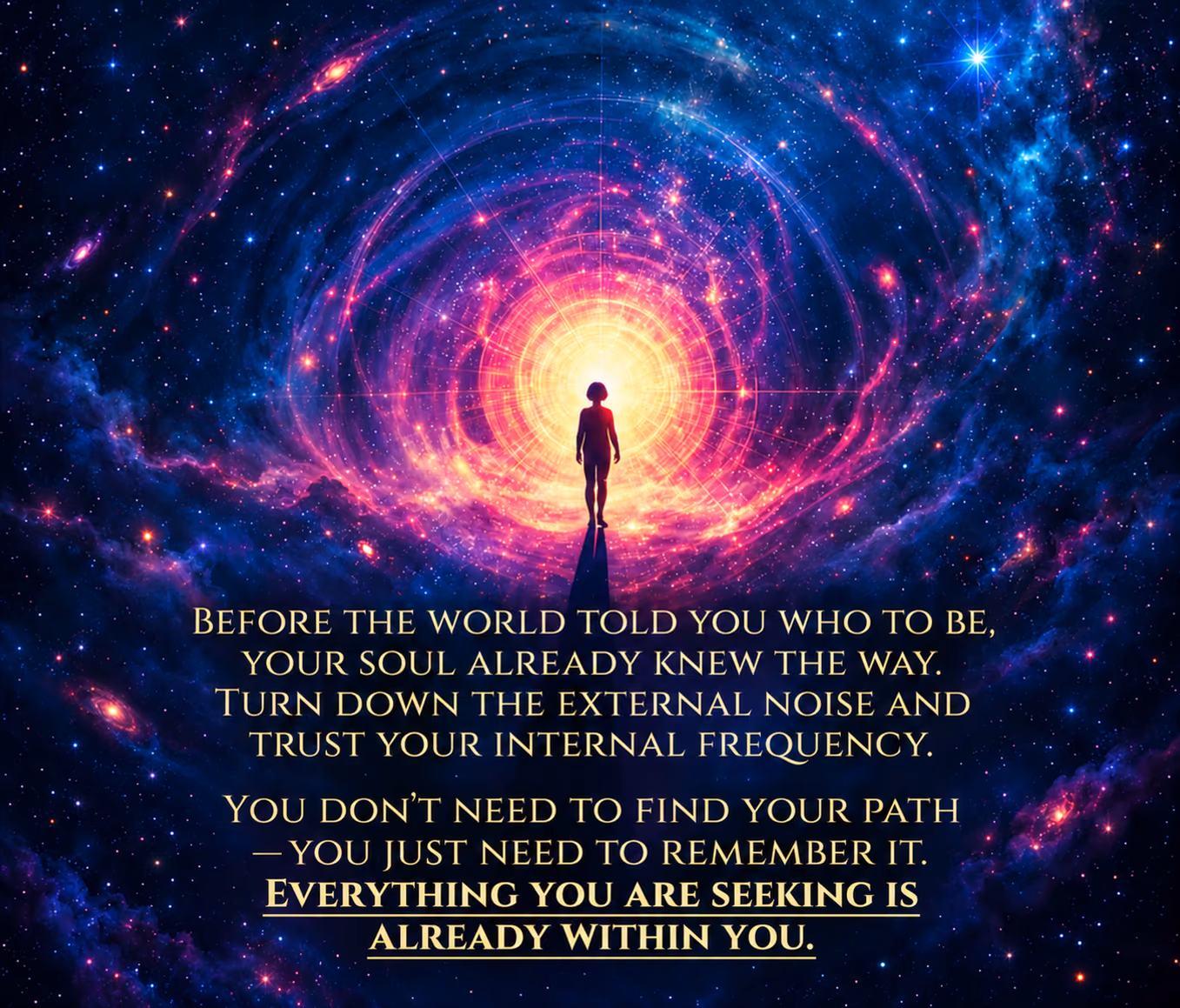 A silhouette approaches a radiant golden portal in a deep blue and violet cosmos. Two gold LYRA face logos flank this gold-lettered quote, with the final sentence bold and underlined: Before the world told you who to be, your soul already knew the way. Turn down the external noise and trust your internal frequency. You don’t need to find your path—you just need to remember it. Everything you are seeking is already within you.