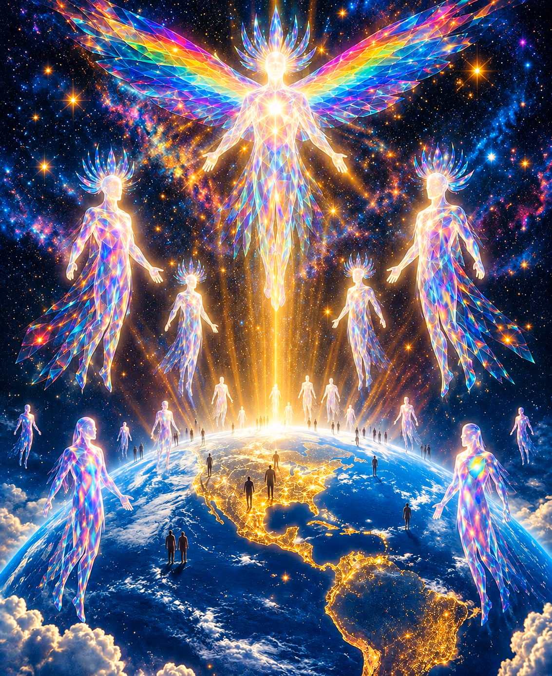 Crystalline rainbow figures and a large luminous winged figure rise above Earth, joined by a golden beam amid a deep blue starfield.